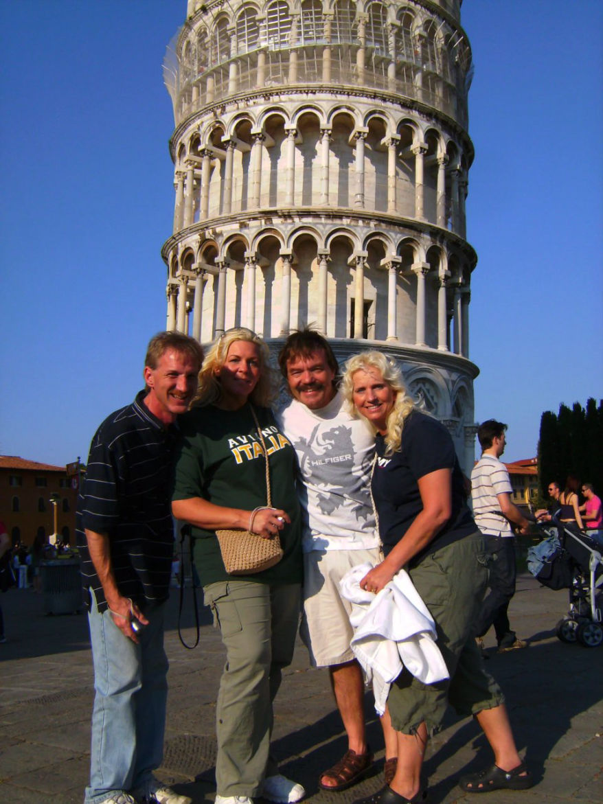 Rodney Kelley, Crystal Stupar, Rick Moore, Donna Moore in front of the Leaning Tower of Pisa in Pisa, Italy